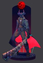 Rule 34 | 1boy, belt, belt buckle, black hat, black mask, bloodborne, brown gloves, buckle, chain, coat, denaseey, gloves, green eyes, grey coat, hat, highres, holding, holding weapon, hunter (bloodborne), looking at viewer, male focus, mask, moon, mouth mask, red moon, shaded face, solo, standing, stepping, weapon