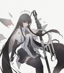 Rule 34 | 1girl, absurdly long hair, arknights, ascot, black ascot, black eyes, black gloves, black hair, black skirt, black thighhighs, bow (music), detached wings, energy wings, feet out of frame, garter straps, gloves, grey background, halo, highres, holding, holding bow (music), holding instrument, instrument, invisible chair, jacket, long hair, pipoer, simple background, sitting, skirt, solo, thighhighs, very long hair, virtuosa (arknights), white jacket, wings