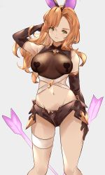 Rule 34 | 1girl, animal ears, arm up, arrow (projectile), asymmetrical hair, black gloves, blush, bodystocking, breasts, center opening, closed mouth, commentary, covered erect nipples, cowboy shot, elbow gloves, fake animal ears, gloves, gluteal fold, granblue fantasy, green eyes, grey background, groin, hand in own hair, heart pasties, highres, lips, long hair, looking at viewer, majo (pastamajo), medium breasts, meme attire, midriff, navel, orange hair, parted bangs, pasties, rabbit ears, revealing clothes, reverse bunnysuit, reverse outfit, simple background, smile, solo, tassel, thigh strap, thighs, tweyen (granblue fantasy)