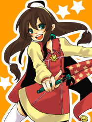 Rule 34 | 1girl, 2boys, ahoge, brown hair, cape, closed umbrella, coat, cowboy shot, green eyes, hair between eyes, hair ornament, hairband, holding, holding umbrella, lilka eleniak, long hair, low-tied long hair, minami373, multiple boys, open mouth, orange background, outline, sidelocks, simple background, skirt, smile, solo, thighhighs, twintails, umbrella, white thighhighs, wild arms, wild arms 2, yellow hairband