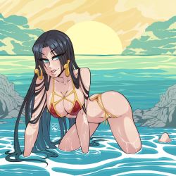Rule 34 | 1girl, atomic marshmallow, bikini, black hair, blue eyes, boa hancock, breasts, cleavage, earrings, highres, jewelry, large breasts, long hair, looking at viewer, one piece, sunset, swimsuit, water, wet