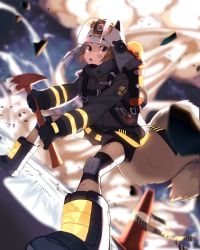 Rule 34 | 1girl, arknights, axe, bad id, bad pixiv id, black gloves, boots, brown eyes, brown hair, explosion, fire axe, firefighter, gloves, helmet, highres, knee pads, marico, shaw (arknights), solo, squirrel tail, tail, traffic cone