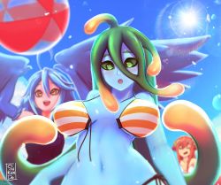 Rule 34 | 3girls, ahoge, arms up, artist name, ball, beachball, bikini, blue feathers, blue hair, blue skin, blue wings, blush, breasts, breasts apart, closed eyes, colored skin, commentary, english commentary, eyebrows hidden by hair, feathered wings, feathers, green eyes, green hair, hair between eyes, harpy, large breasts, lens flare, long hair, miia (monster musume), monster girl, monster musume no iru nichijou, multiple girls, navel, open mouth, orange bikini, outdoors, papi (monster musume), pink hair, pointy ears, slime girl, striped bikini, striped clothes, sukendo, sun, suu (monster musume), swimsuit, tentacle hair, very long hair, wardrobe malfunction, white bikini, wings, yellow eyes