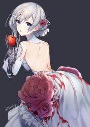 Rule 34 | 1girl, 723 (tobi), apple, arched back, ass, asymmetrical hair, backless dress, backless outfit, bad id, bad pixiv id, bare shoulders, blood, blood stain, blue eyes, breasts, dress, flower, food, fruit, gauntlets, gloves, hair between eyes, hair bun, hair flower, hair ornament, holding, holding food, holding fruit, looking at viewer, medium breasts, red apple, red flower, red rose, rose, sidelocks, silver hair, single hair bun, sinoalice, snow white (sinoalice), solo, standing, white dress