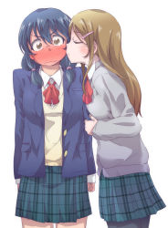 Rule 34 | 2girls, blue skirt, blush, brown hair, clothes grab, closed eyes, full-face blush, hair ornament, hairclip, imminent kiss, long hair, long sleeves, low twintails, multiple girls, original, pantyhose, school uniform, skirt, sleeve grab, twintails, v-shaped eyebrows, wavy mouth, white background, yumekibox, yuri