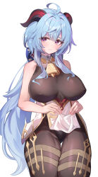 Rule 34 | 1girl, absurdres, bell, blue hair, breasts, closed mouth, covered erect nipples, cowbell, ganyu (genshin impact), genshin impact, goat horns, highres, homura (homur4 homu), horns, large breasts, long hair, neck bell, purple eyes, simple background, sleeveless, solo, thick thighs, thigh gap, thighs, white background