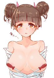 Rule 34 | 10s, 1girl, artist request, blush, breasts, brown eyes, brown hair, convenient censoring, double bun, fujinoki nene, hair bun, hajimete no gal, large breasts, looking at viewer, parted lips, pipette, short hair, shortstack, simple background, solo, upper body, white background