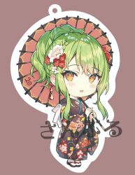 Rule 34 | 1girl, :d, blush, brown background, chibi, commentary request, floral print kimono, flower, full body, green hair, hair flower, hair ornament, holding, holding umbrella, japanese clothes, kimono, long hair, looking at viewer, momoko (momopoco), open mouth, original, outline, ponytail, raised eyebrows, sandals, sidelocks, simple background, smile, solo, standing, sticker, umbrella, white outline, yellow eyes, yukari (momoko)