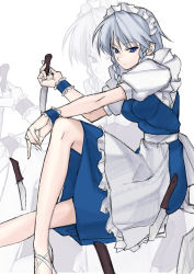 Rule 34 | 1girl, apron, blue dress, blue eyes, braid, breasts, closed mouth, commentary request, dress, from side, grey hair, holding, holding knife, invisible chair, izayoi sakuya, knife, large breasts, looking at viewer, looking to the side, maid apron, maid headdress, short hair, sitting, solo, tetsu (kimuchi), touhou, waist apron, white apron, wristband, zoom layer