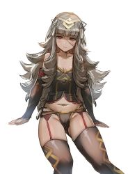 Rule 34 | 1girl, black thighhighs, blush, bow (bhp), breasts, cleavage, closed mouth, fire emblem, fire emblem heroes, grey hair, hair ornament, long hair, navel, nintendo, red eyes, simple background, small breasts, solo, thighhighs, veronica (fire emblem), white background