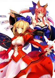 Rule 34 | 2girls, ahoge, animal ears, blonde hair, breasts, cleavage, dress, fate/extra, fate/grand order, fate (series), fox ears, fuyuki (neigedhiver), hair ribbon, holding, holding sword, holding weapon, japanese clothes, kimono, looking at viewer, multiple girls, nero claudius (fate), nero claudius (fate), nero claudius (fate/extra), red dress, ribbon, sword, tamamo (fate), tamamo no mae (fate/extra), weapon, yellow eyes