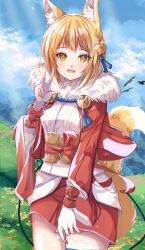 Rule 34 | 1girl, :d, animal ear fluff, animal ears, blonde hair, blue sky, breasts, cloud, cowboy shot, day, eyelashes, fang, fingerless gloves, fire emblem, fire emblem fates, fox ears, fox girl, fox tail, fur collar, fuussu (21-kazin), gloves, hair ornament, hand up, hill, jacket, japanese clothes, kimono, long sleeves, medium breasts, miniskirt, multicolored hair, nintendo, open clothes, open jacket, open mouth, orange hair, outdoors, red jacket, red skirt, selkie (fire emblem), short hair, skirt, sky, smile, solo, streaked hair, tail, tail raised, tassel, two-tone hair, white gloves, white kimono, wide sleeves, yellow eyes