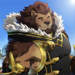Rule 34 | 1boy, animal ears, warrior of light (ff14), bara, bare shoulders, beard, black jacket, brown fur, character request, colored sclera, detached sleeves, facial hair, fangs, final fantasy, fluffy, fur-trimmed jacket, fur trim, furry, furry male, jacket, large pectorals, lion boy, lion ears, looking at viewer, male focus, mature male, muscular, muscular male, pectorals, rossciaco, short hair, sidepec, sleeveless, sleeveless jacket, smile, solo, tokyo houkago summoners, upper body, yellow sclera