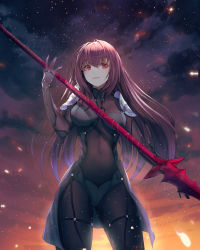 Rule 34 | 1girl, absurdres, bodysuit, breasts, covered navel, cowboy shot, fate/grand order, fate (series), full body, gae bolg (fate), highres, large breasts, long hair, looking at viewer, minin982, polearm, purple hair, red eyes, scathach (fate), scathach (fate), solo, standing, very long hair, weapon