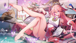 Rule 34 | 1girl, absurdres, animal ears, ankle bell, anklet, bare legs, barefoot, bell, bird, breasts, closed mouth, commentary, crossed legs, crystalfly (genshin impact), detached sleeves, dress, feet, floral print, fox, full body, genshin impact, gohei, hair between eyes, hair ornament, highres, holding, jewelry, jingle bell, large breasts, long hair, looking at viewer, panties, pink hair, purple eyes, sandals, unworn sandals, sideboob, solo, symbol-only commentary, tassel, thighs, underwear, very long hair, water, white dress, white panties, xingchee, yae miko