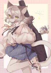 Rule 34 | 1girl, absurdres, animal ears, blue skirt, cat ears, cat girl, cat tail, collared shirt, commission, drawstring, female focus, furry, furry female, green eyes, grey fur, grey hair, highres, hood, hooded jacket, instrument case, instrument on back, jacket, nonomai25, open clothes, open jacket, original, pleated skirt, shirt, shoes, skirt, sleeves past wrists, smile, solo, tail, thank you, twitter username, whiskers