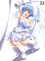 Rule 34 | 00s, 1girl, angel, angel of light nanael, angel wings, armpits, arms up, artbook, asymmetrical wings, bare shoulders, blue hair, blush, boots, breasts, cleavage, elbow gloves, gloves, green eyes, highres, kuuchuu yousai, large breasts, miniskirt, nanael (queen&#039;s blade), nanael (queen's blade), open mouth, panties, queen&#039;s blade, scan, short hair, skirt, solo, thighhighs, torn clothes, underwear, wings