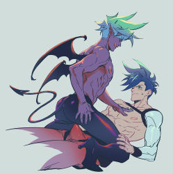 Rule 34 | 2boys, asymmetrical hair, blue hair, bulge, colored skin, cropped legs, demon boy, demon tail, demon wings, dual persona, ear piercing, erection, erection under clothes, galo thymos, grey background, igote, imminent anal, imminent penetration, leather, leather pants, licking lips, male focus, multiple boys, nipple piercing, nipples, pants, piercing, pointy ears, promare, pukun, purple skin, selfcest, sidecut, simple background, spiked hair, straddling, tail, tongue, tongue out, tongue piercing, topless male, undercut, wings, yaoi