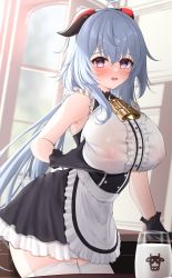 Rule 34 | 1girl, absurdres, ahoge, apron, balut (7676i), bare shoulders, bell, blush, breasts, detached sleeves, ganyu (genshin impact), genshin impact, gloves, goat horns, grey hair, highres, horns, large breasts, long hair, looking at viewer, maid, maid apron, milk, neck bell, purple eyes, solo, thighhighs
