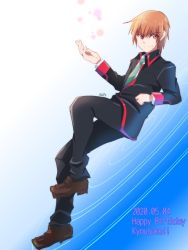 Rule 34 | 1boy, blue background, brown hair, character name, commentary request, dated, gradient background, green neckerchief, happy birthday, little busters!, looking to the side, male focus, natsume kyousuke, neckerchief, red eyes, school uniform, scp (9scp), solo, yamaori (yamaorimon)