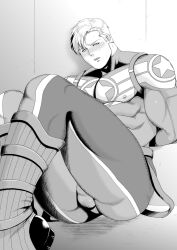 Rule 34 | 1boy, arms behind back, bara, belt, blush, bodysuit, boots, captain america, captain america (series), covered erect nipples, greyscale, large pectorals, looking at viewer, male focus, marvel, monochrome, muscular, muscular male, mxsxe, open mouth, pectorals, short hair, solo, steve rogers, taut clothes