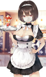 Rule 34 | 1girl, absurdres, bow, bowtie, cleavage cutout, clothing cutout, commentary request, covered mouth, food, fruit, hair between eyes, hand on own hip, highres, letterboxed, masco, mask, mask (joshiraku), original, outside border, solo, strawberry, white bow, white bowtie