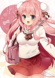 Rule 34 | 1girl, :d, ahoge, bad id, bad pixiv id, bag, blush, breasts, bun cover, commentary request, double bun, duffel bag, female focus, green eyes, heart, large breasts, long hair, long sleeves, looking at viewer, open mouth, original, pink hair, pk (mukasihasakana), red skirt, ribbon, school uniform, serafuku, skirt, smile, solo, sparkle, string, string of fate, thighs, uniform