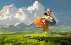 Rule 34 | 1boy, accordion, arm belt, beak, belt, belt buckle, bird, bird boy, buckle, character request, cloud, commentary, day, fringe trim, full body, furry, furry male, grass, highres, instrument, male focus, mountainous horizon, music, nintendo, ocean, outdoors, parrot, playing instrument, red belt, red sleeves, redum4, scarf, simple bird, solo, symbol-only commentary, the legend of zelda, the legend of zelda: breath of the wild, two-tone sleeves, vertical-striped sleeves, watchtower, white bird, white scarf, white sleeves