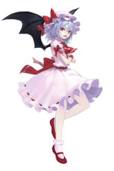 Rule 34 | 1girl, absurdres, ascot, bat wings, blue gemstone, bobby socks, bow, brooch, crossed arms, dress, fkey, frilled dress, frilled hat, frills, from side, full body, gem, hair between eyes, hat, hat bow, highres, jewelry, leg up, looking at viewer, looking to the side, mary janes, nail polish, open mouth, pale skin, pink dress, pink hat, pink socks, puffy short sleeves, puffy sleeves, red ascot, red bow, red eyes, red footwear, red nails, remilia scarlet, ribbon-trimmed dress, ribbon trim, scrunchie, shoes, short hair, short sleeves, silver hair, simple background, socks, solo, standing, standing on one leg, teeth, touhou, white background, wings, wrist cuffs, wrist scrunchie
