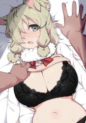 Rule 34 | 1girl, 1other, alpaca ears, alpaca suri (kemono friends), alternate breast size, animal ears, arm support, assisted exposure, black bra, black panties, blonde hair, bra, breasts, cleavage, commentary request, dark skin, dutch angle, eyelashes, eyes visible through hair, from above, fur collar, grey eyes, hair bun, hair over one eye, highres, horizontal pupils, kemono friends, kuro mushi, large breasts, lifting another&#039;s clothes, long sleeves, lying, medium hair, navel, neck ribbon, on back, open mouth, panties, pov, pov hands, ribbon, shirt, single hair bun, solo focus, stomach, sweat, sweater vest, underwear, upper body, vest lift, white shirt