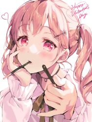 Rule 34 | 1girl, absurdres, bang dream!, black choker, blush, brown ribbon, choker, collared shirt, commentary, flower, food, food in mouth, frilled sleeves, frills, hair flower, hair ornament, hair ribbon, hairclip, hand on own cheek, hand on own face, hands up, happy valentine, heart, highres, hiromachi nanami, holding, holding food, holding pocky, incoming food, long hair, long sleeves, looking at viewer, neck ribbon, nobusawa osamu, official alternate costume, official alternate hairstyle, parted lips, pendant choker, pink eyes, pink hair, pocky, pocky in mouth, ribbon, shirt, simple background, solo, twintails, upper body, valentine, wavy hair, white background, white flower, white shirt
