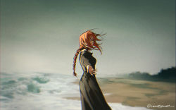 Rule 34 | beach, black dress, blurry, blurry background, braid, braided ponytail, breasts, carrotsprout, chainsaw man, dress, foaming waves, grey sky, hair over one eye, highres, long hair, looking at viewer, makima (chainsaw man), medium breasts, outstretched arm, reaching, reaching towards viewer, red hair, sand, sidelocks, sky, solo, water, yellow eyes