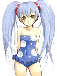 Rule 34 | arms behind back, bare shoulders, blush stickers, casual one-piece swimsuit, frilled swimsuit, frills, head tilt, hoshino ruri, kidou senkan nadesico, long hair, one-piece swimsuit, polka dot, polka dot swimsuit, smile, solo, swimsuit, twintails, waku, yellow eyes