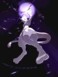 Rule 34 | 1boy, arm up, artist request, black background, colored skin, creatures (company), energy ball, game freak, gen 1 pokemon, grey skin, highres, legendary pokemon, looking at viewer, mewtwo, nintendo, no humans, pokemon, pokemon (creature), purple eyes, serious, shaded face, simple background, solo, tail, white skin
