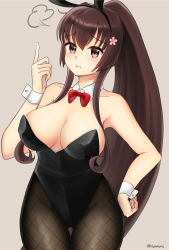 Rule 34 | 1girl, absurdres, animal ears, ayuko91, black leotard, black pantyhose, bow, bowtie, breasts, brown hair, cherry blossoms, cleavage, cowboy shot, detached collar, artistic error, fake animal ears, fishnet pantyhose, fishnets, flower, grey background, hair flower, hair ornament, hand on own hip, highres, index finger raised, kantai collection, large breasts, leotard, long hair, pantyhose, playboy bunny, ponytail, rabbit ears, red bow, red bowtie, simple background, solo, strapless, strapless leotard, thigh gap, wrist cuffs, yamato (kancolle)