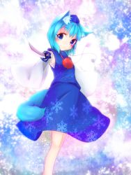 Rule 34 | 1girl, alternate color, alternate eye color, alternate hair color, animal ears, ayase nome, bare shoulders, cirno, cirno (cosplay), color switch, cosplay, detached sleeves, hat, highres, inubashiri momiji, looking at viewer, pom pom (clothes), short hair, smile, solo, sword, tail, tokin hat, touhou, weapon, wide sleeves, wolf ears, wolf tail