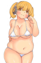 Rule 34 | 1girl, belly, bikini, blonde hair, blush, bou (starless2323), breasts, brown eyes, cleavage, fusa (starless2323), hand on own hip, headphones, jewelry, large breasts, long hair, micro bikini, necklace, nitroplus, orange eyes, plump, skindentation, solo, super pochaco, swimsuit, twintails, underboob