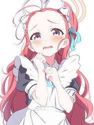 Rule 34 | 1girl, absurdres, bazz000033, blue archive, blush, commentary request, forehead, halo, highres, long hair, looking at viewer, maid, maid headdress, official alternate costume, open mouth, red hair, short sleeves, simple background, solo, tears, white background, yuzu (blue archive), yuzu (maid) (blue archive)