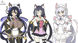Rule 34 | 3girls, :p, animal ear fluff, animal ears, black dress, black hair, black legwear, blue eyes, braid, breast envy, breasts, cat ears, cat girl, cat tail, crossover, cygames, dated, dress, earrings, closed eyes, heterochromia, highres, huge breasts, jewelry, karyl (princess connect!), large breasts, last origin, long hair, low twintails, maid headdress, multicolored hair, multiple girls, perrault (last origin), poi (last origin), princess connect!, purple eyes, signature, small breasts, smile, streaked hair, tail, tears, thighhighs, tongue, tongue out, tungtunggugu, twin braids, twintails, very long hair, white dress, yellow eyes