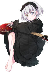 Rule 34 | 1girl, amai nekuta, back bow, bang dream!, bang dream! it&#039;s mygo!!!!!, barefoot, belt, black belt, black bow, black dress, black hairband, blue eyes, bow, closed mouth, commentary request, crossed ankles, dress, electric guitar, frilled dress, frilled sleeves, frills, full body, gothic lolita, grey hair, guitar, hairband, hands up, head tilt, heterochromia, highres, holding, holding instrument, instrument, kaname raana, knees up, light smile, lolita fashion, lolita hairband, long sleeves, looking at viewer, puffy long sleeves, puffy sleeves, short hair, simple background, sitting, sleeves past wrists, solo, white background, yellow eyes