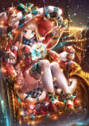 Rule 34 | 1girl, :o, arm up, bad id, bad pixiv id, bare shoulders, black eyes, black gloves, blue bow, blue eyes, blue ribbon, blue scarf, blush, bow, box, breasts, brown hair, carriage, christmas, christmas lights, christmas ornaments, cityscape, cleavage, commentary, creature, dress, fingerless gloves, full body, fur-trimmed jacket, fur trim, gem, gift, gift box, gloves, hand up, hat, holding, holding sack, holding wand, jacket, knees up, large breasts, leg ribbon, light trail, long hair, long sleeves, looking down, magic, night, night sky, off shoulder, open clothes, open jacket, original, outstretched hand, plaid, plaid scarf, print legwear, red dress, red footwear, red hat, red jacket, reindeer, ribbon, ryota (ry o ta), sack, santa hat, scarf, short dress, sidelocks, signature, sitting, sky, snowing, straight hair, strapless, strapless dress, striped ribbon, sweat, swept bangs, thick eyebrows, thigh ribbon, thighhighs, tower, v-shaped eyebrows, v-shaped eyes, wand, white thighhighs, yellow ribbon