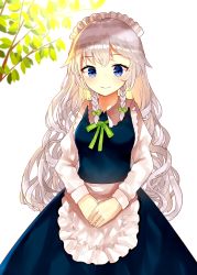 Rule 34 | 1girl, alternate hair length, alternate hairstyle, apron, blue dress, blue eyes, blush, bow, braid, branch, breasts, commentary request, cowboy shot, dress, frilled apron, frills, green bow, green ribbon, hair bow, izayoi sakuya, juliet sleeves, leaf, long hair, long sleeves, looking at viewer, maid, maid apron, maid headdress, medium breasts, neck ribbon, own hands together, puffy sleeves, ribbon, sakizaki saki-p, shirt, silver hair, simple background, smile, solo, standing, touhou, twin braids, very long hair, waist apron, white apron, white background, white shirt