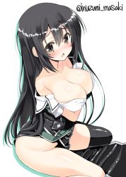 Rule 34 | 10s, 1girl, artist name, bad id, bad twitter id, bare shoulders, black hair, black thighhighs, blush, breast hold, breasts, brown eyes, chikuma (kancolle), cleavage, female focus, inuzumi masaki, kantai collection, large breasts, long hair, looking at viewer, no panties, off shoulder, open mouth, pelvic curtain, single thighhigh, sitting, solo, thighhighs, undressing, wariza, white background