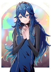 Rule 34 | 1girl, ameno (a meno0), bad anatomy, blue eyes, blue hair, blush, closed mouth, fire emblem, fire emblem awakening, hair between eyes, jewelry, lips, long hair, long sleeves, lucina (fire emblem), nintendo, own hands together, pink lips, ribbed sweater, ring, smile, solo, sweater, tiara, turtleneck, turtleneck sweater