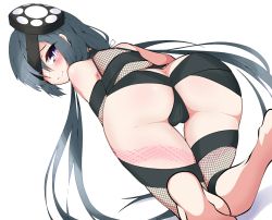 Rule 34 | 1girl, ass, bad id, bad pixiv id, bare shoulders, barefoot, black hair, bright pupils, butt crack, closed mouth, commentary request, fate/grand order, fate (series), fishnets, from behind, hair ribbon, kakihou, long hair, looking at viewer, mochizuki chiyome (fate), ninja, one eye covered, purple eyes, ribbon, simple background, smile, solo, very long hair, white background, white pupils, white ribbon