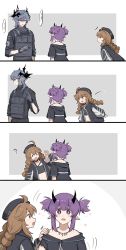 Rule 34 | 1boy, 2girls, 4koma, :d, afterimage, ahoge, arknights, beret, black headwear, black jacket, black shirt, braid, brown eyes, brown hair, closed mouth, comic, commentary request, crop top, cuora (arknights), gloves, green hair, grey gloves, grey hair, hair between eyes, hand up, hat, highres, horns, jacket, lava (arknights), logos (arknights), long hair, long sleeves, mabing, mole, mole under eye, multicolored hair, multiple girls, navel, notice lines, off-shoulder jacket, off shoulder, open mouth, pointing, pointy ears, purple eyes, purple hair, shirt, short sleeves, silent comic, smile, solid oval eyes, speed lines, streaked hair, twin braids, twintails, waving