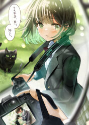 Rule 34 | 1girl, :3, :d, animal, black bow, black cat, black jacket, blazer, blush, bob cut, bow, bowtie, brown hair, camera, cat, collared shirt, colored inner hair, commentary, glasses, green hair, highres, holding, holding camera, holding photo, jacket, knees, long sleeves, looking at viewer, multicolored hair, open clothes, open jacket, open mouth, original, outdoors, photo (object), pleated skirt, pov, school uniform, shirt, short hair, single-lens reflex camera, skirt, smile, solo, squatting, translated, white shirt, yellow eyes, yukimaru nun