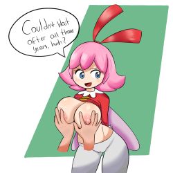 Rule 34 | 1girl, arms behind back, bad id, bad tumblr id, blue eyes, blush, grabbing another&#039;s breast, breasts, buttons, cameltoe, contrapposto, cowboy shot, disembodied limb, dizzytizzy, english text, fairy, fairy wings, fang, flipped hair, grabbing, green background, groping, hair ribbon, highres, kirby: star allies, kirby (series), kirby 64, large breasts, looking away, nintendo, nipples, open mouth, pantyhose, pink hair, purple wings, red shirt, ribbon, ribbon (kirby), shiny skin, shirt, short hair, skin fang, solo focus, speech bubble, standing, thighs, white background, white pantyhose, wings