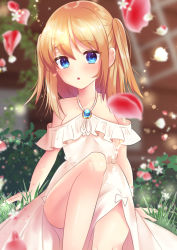 Rule 34 | 1girl, :o, bare shoulders, blonde hair, blue eyes, blurry, blurry background, blurry foreground, clip studio paint (medium), collarbone, depth of field, dress, feet out of frame, frilled dress, frills, hair between eyes, halterneck, long hair, misaki (misaki86), off-shoulder dress, off shoulder, original, parted lips, petals, sitting, solo, two side up, white dress