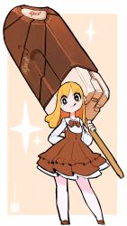 Rule 34 | 1girl, :q, absurdres, arm behind back, bare legs, black eyes, blonde hair, border, bow, bowtie, bright pupils, brown bow, brown bowtie, brown dress, brown footwear, commentary, dress, food, full body, highres, holding, holding food, ice cream, ice cream bar, iwako (eiken3kyuboy), long hair, long sleeves, original, oversized food, oversized object, simple background, solo, sparkle, tongue, tongue out, white dress, white pupils, yellow background